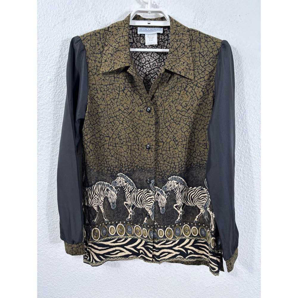 Jessica Howard Button Up Blouse Womens Medium Black Zebra Print Y2K